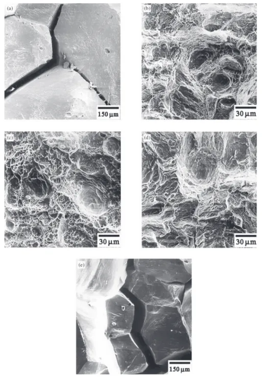 Figure 3. Fracture surface of specimens tested for J-R curves. A508-3A steel submitted to Q&amp;T thermal cycles: a) I, b) J, c) K, d) L and e) M