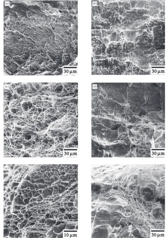 Figure 4. Fracture surfaces of impact Charpy specimens. A508 steel submitted to Q&amp;T thermal cycles a) I, b) J, c) K, d) L and e) M