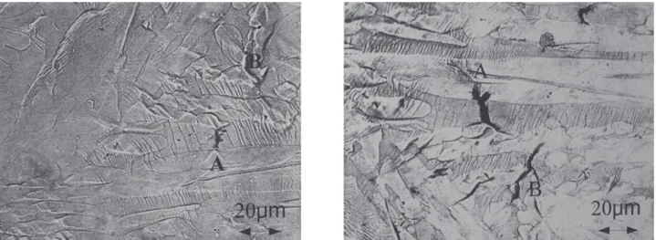 Figure 4. Fracture surface of aged material a) F32 Shows cleavage of the ferrite and necking of austenite b) F20 showing fragile shearing in ferrite and tearing of austenite.
