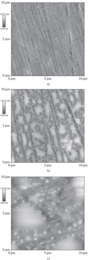 Figure 3. AFM topographic images for (a) untreated; (b) 2 s;