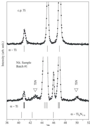 Figure 7 displays significant parts of the XRD patterns for the control and nitrided sample batch #1 (all batches gave quite similar patterns)