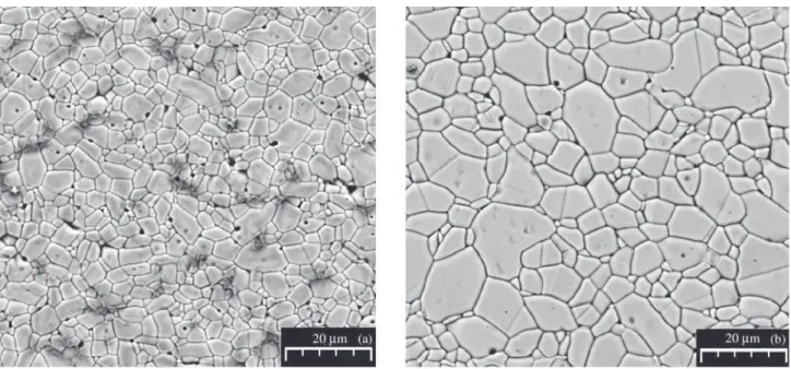 Figure 3. SEM micrographs of the SMNb0.05% composition sintered at 1300 °C for: (a) 1 h; (b) 4 h.