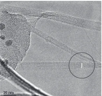 Figure 2. High magnification HRTEM image of SWCNTs pro- pro-duced using the catalyst mixture: LiNi 0.5 Co 0.5 O 2  and the  arc-dis-charge method.