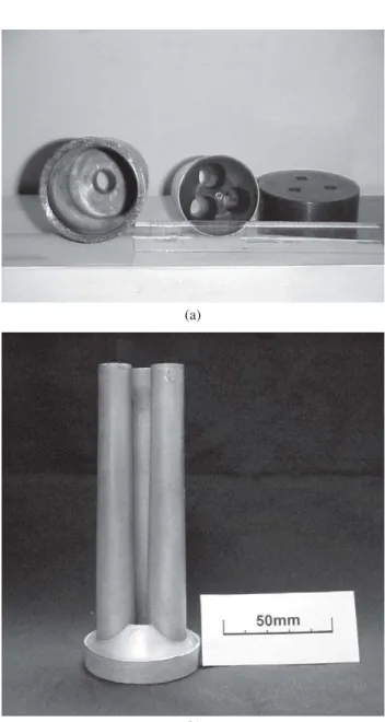 Figure 1 shows details of the die and of the extruded product, which is an assembly of three slightly tapered rods (2º) with average diameter and length equal to 14 and 120 mm, respectively.