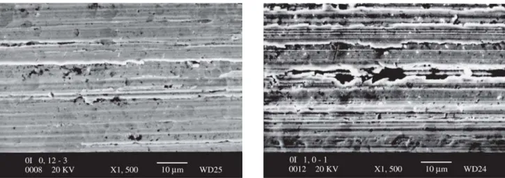 Figure 8. SEM micrographs of the ground workpiece surface: a) 0.12 mm/min infeed rate;  b) 1.00 mm/min infeed rate.