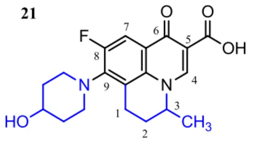 Figura 11.Representação da estrutura do composto Nadifloxacina (21).Os substituintes característicos estão representados em azul