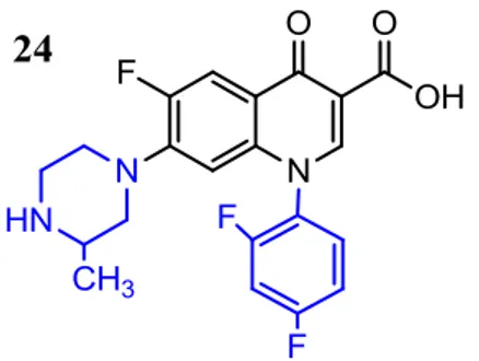 Figura 14. Representação da estrutura química da Temafloxacina (24). Os substituintes característicos estão representados em azul
