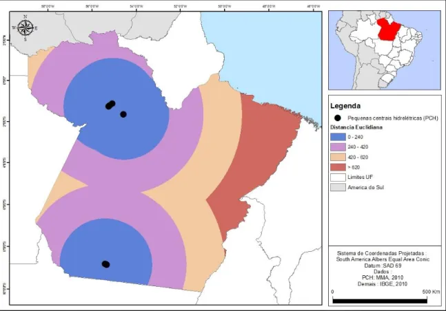 Figura 8. : Mapa da variável distância às Pequenas Centrais Hidrelétricas (PCHs) do Estado do  Pará