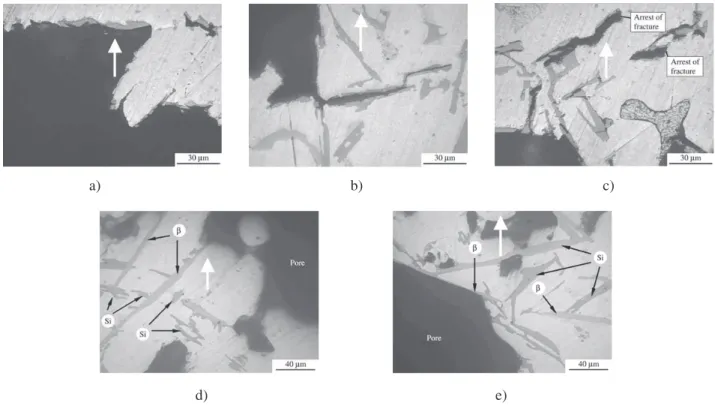 Figure 8. a) e b) Micrograph of the fracture zone showing the form of fracture of Si and β-Al 5 FeSi particles