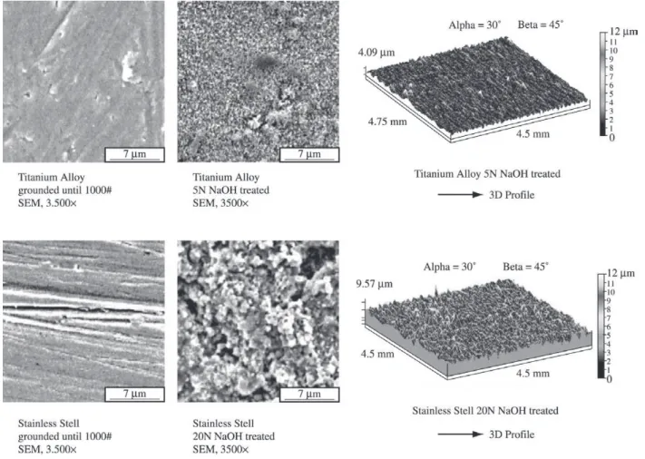 Figure 3. SEM images and 3D profiles of a) stainless steel treated in NaOH 20N and b) titanium alloy treated in NaOH 5N.