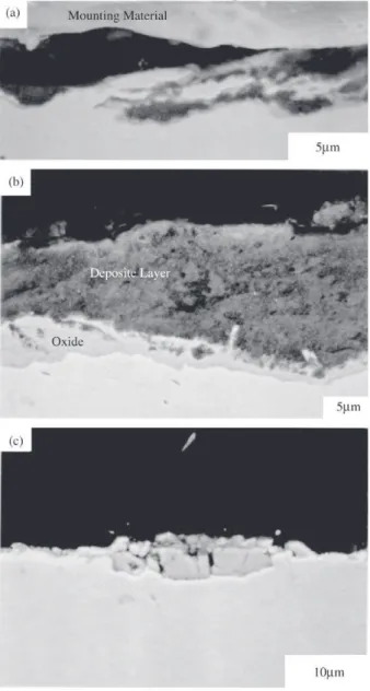 Figure 5. Backscattered SEM images of cross sections from maxi- maxi-mum wastage regions on specimens tested with batch 1 sand at (a) 300 °C, low dust condition; (b) 450 °C, high dust condition; and (c) 500 °C, low dust condition.