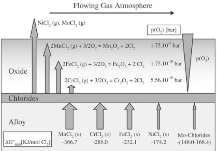 Figure 5. Schematic of thermodynamics and reactions in the cor- cor-rosion of the alloying elements Mn, Cr, Fe, Ni and Mo in a flowing oxidizing and chloridizing atmosphere.