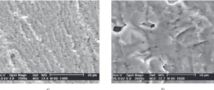 Figure 2. SEM micrographs of samples sintered at 1400 °C/4 h (a); 1500 °C/4 h (b).