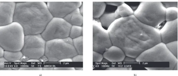 Figure 7. SEM micrographs of the polished and thermally etched surfaces of the samples obtained from LaCr 0.7 Co 0.3 O 3  powders synthe- synthe-sized by conventional mechanical mixing (a); combustion reaction process (b).