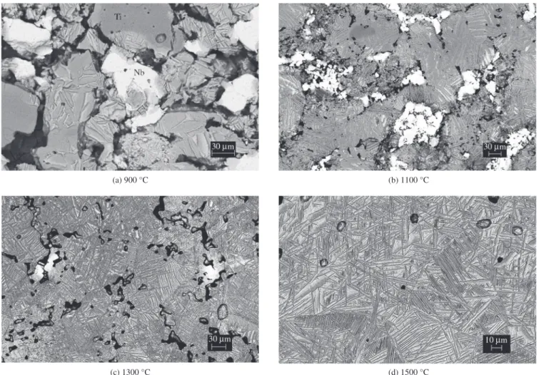 Figure 2. Microstructure of P/M-Ti-13Nb-13Zr alloy with the temperature increase, between 900 to 1500 °C.