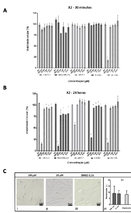 Figura 8: Avaliação de citotoxicidade induzida por X2 em linhagens celulares tratadas com o composto por  30 minutos (A) ou 24 horas (B)