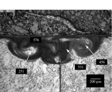 Figure 6. Normal conditions weld test with an expanded beam. The numbers  refer to the average microhardness values.
