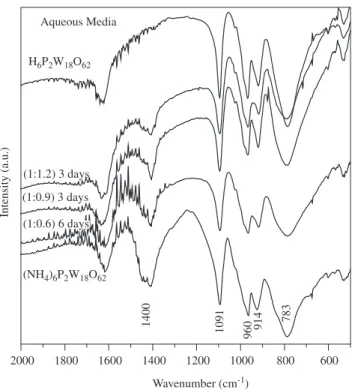 Figure  1.  Infrared  spectra  of  the  (NH 4 ) 6 P 2 W 18 O 62 .13H 2 O  salt,  the  H 6 P 2 W 18 O 62 .24H 2 O heteropolyacid obtained through the conventional organic  method and the materials obtained through the ion exchange of the salt in  aque-ous m