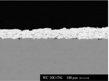 Figure 11. Micrograph across WC 20Cr7Ni coat revealing uniform thick- thick-ness.