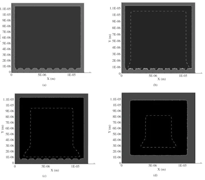 Figure 3. Development of the smooth interface from an initially disturbed region. Solidification time is a) t = 0; b) t = 6.9  x  10 -9  s; c) t = 9.5  x  10 -9  s; and d)  t = 2.2 x 10 -8  s, and the melting temperature isotherm (Tm = 1728 K) is also pres