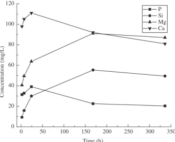 Figure 10. XRD spectrum of bioactive glass/PHB 30/70 after 7 days of im- im-mersion in SBF (∇ Calcium Hydrogen Phosphate).