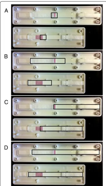 Figure 1 RDT fragments used for DNA extraction. Each panel shows Paracheck-Pf (top) and SD-Bioline Malaria Ag P.f/Pan (bottom)