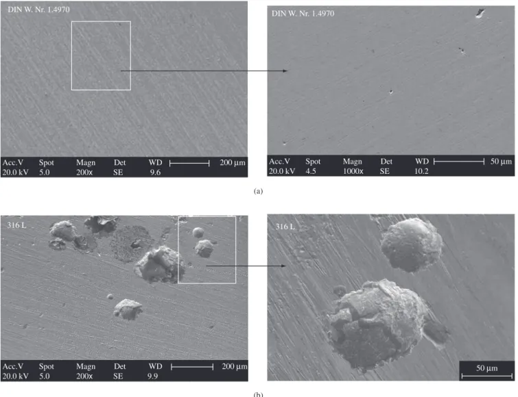Figure 6. SEM micrographs of a) DIN W. Nr. 1.4970; and b) ASTM F-138 stainless steels after polarization in phosphate buffered solution