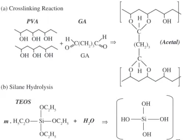 Figure  2.  Chemical  structure  of  reagents  and  schematic  representation  of  reactions  involved;  a)  PVA  and  glutaraldehyde  crosslinking;  and  b) TEOS  alcoxide hydrolysis reaction.