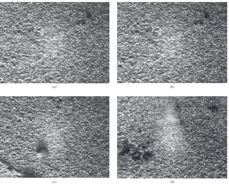 Figure 7. Stereomicrographs of sample  W15 surface immersed in 3.5% NaCl + aluminon for different times/hours: a) 0; b) 1; c) 2; and d) 8 (magnifica- (magnifica-tion: 80 x ).