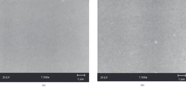 Figure 7. SEM micrograph of films: a) 70 mm/min 3 dips; and b) 50 mm/min 2 dips.