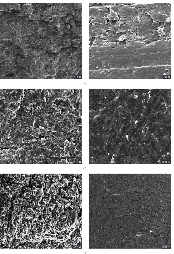 Figure 2. Scanning electron micrographs for a) graphite-PU 60% composite (graphite, w.w -1 ); b) graphite-SR 70% composite (graphite, w.w -1 ); and c) graphite- graphite-Araldite ®  70% composite (graphite, w.w -1 ) composites before treatment and after po