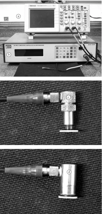 Figure 1. Images of a) oscilloscope, b) ultrasonic pulser-receiver, c) longitudinal  wave transducer, and d) shear wave transducer used to measure sonic velocities