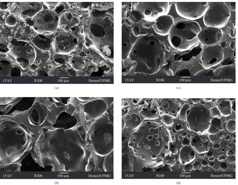 Figure 4. Scanning electron micrographs of hybrids: a) 70 wt. (%) PVA-30 wt. (%) Bioglass (3B-7Pc); b) 80 wt