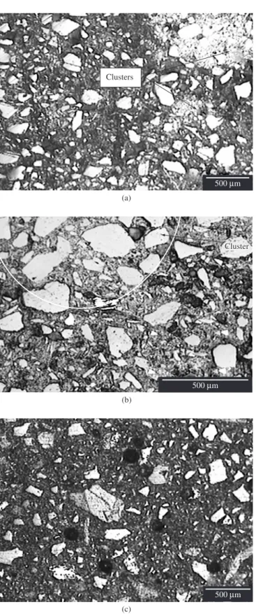 Figure 4. PMC microstructure with 50-50 granite particles ratio and different  weight compositions and amplifications: a) 15% epoxy, 50 x ; b) 15% epoxy,  100 x ; and c) 20% epoxy, 50 x 