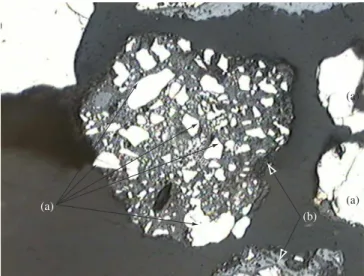 Figure 3. Optical Micrograph of FeSiMn alloy particles aggregated to slag. 