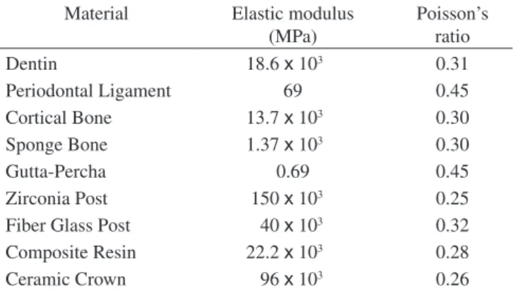 Figure  2  presents  the  second  model,  denominated  Model  2,  representing the same tooth structure described in Model 1, but now  with a prefabricated cylindrical post of fiber glass, 12 mm long and  1.8 mm wide, centered in the root cavity and filled