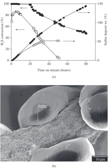 Figure 4. a) H 2 S conversion and sulfur deposition as a function of time on  5% NiS 2 /SiC catalyst (, ) and 5% NiS 2 /CNF based composites (, )