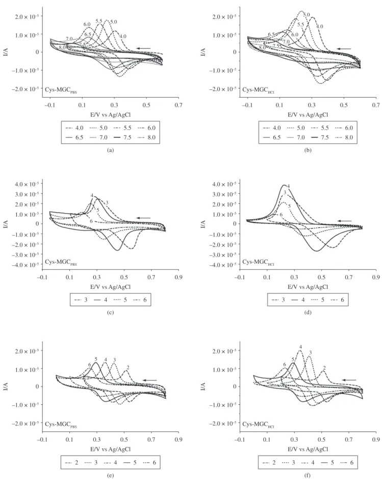 Figure 4. Effect on CV current peaks of DA at Cys-MGC electrodes (Cys-MGC PBS  and Cys-MGC HCl ) as a function of pH