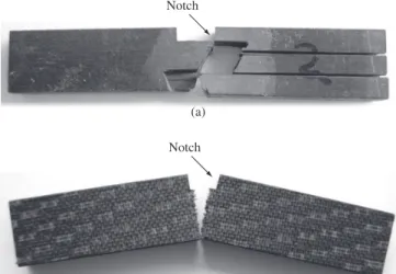 Figure 8. Test piece halves of impacted TP180 laminate tested at –70 °C,  with  numerous  delamination  planes  (indicated  by  arrows),  promoted  by  thermally-induced differential dimensional changes between two  neighbor-ing 0/90 plies.