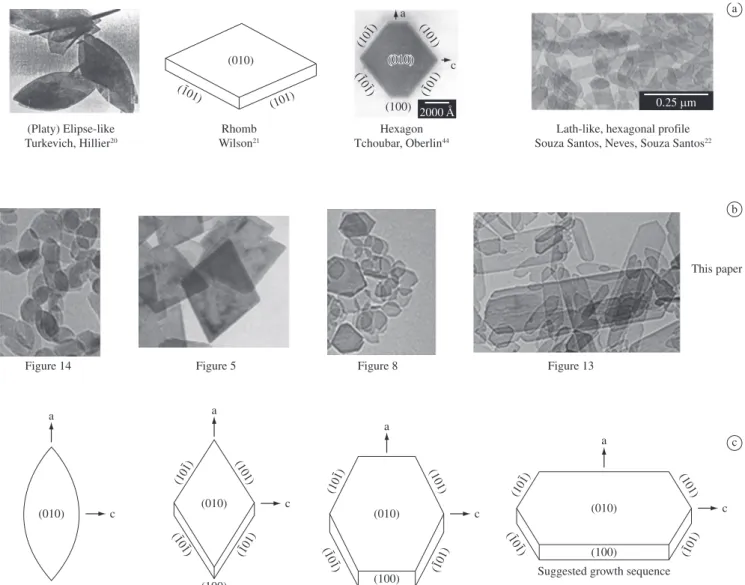 Figure 15. Proposed sequence for the growth of plate-like well-crystallised boehmite crystals in acetic acid solution from gibbsite or pseudoboehmite precur- precur-sor: a) Crystal shapes of synthetic well-crystallised boehmite described in the literature;