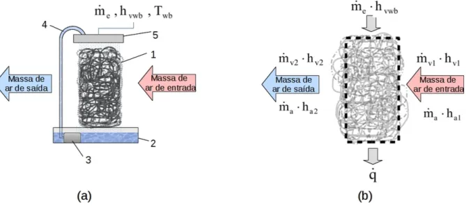 Figura 24 – Variáveis envolvidas no processo de transferência de calor e massa, (a) esquema de um painel evaporativo de PET ideal com recirculação de água e (b) volume de