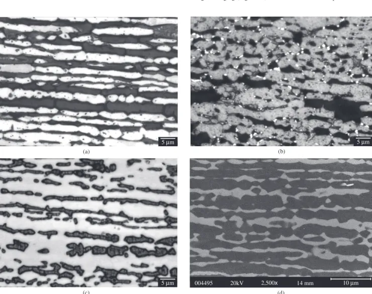 Figure 1a shows typical microstructures found in the  solution-treated  specimens,  containing  only  austenite  and  ferrite;    the  ferrite  content  of the solution treated sample is 40.9  ±฀ 1.9%