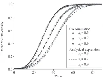 Figure 6. The volume fraction, V V , against time: CA simulation compared  with analytical expression.