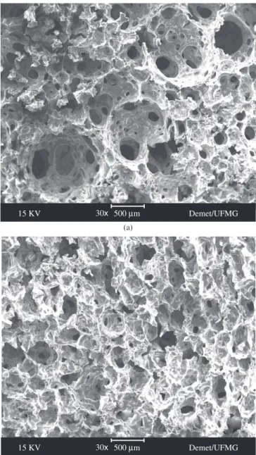 Figure 1. SEM, 30x, hybrid foams containing a) 20 and b) 60 wt. (%) of PVA.