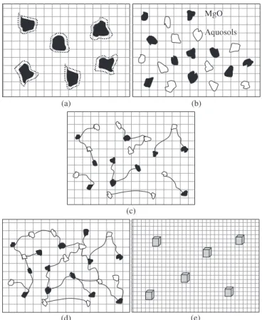 Figure 1. Scheme of the formation of CBPCs (chemically bonded phosphate  ceramics): a) Dissolution of oxides; b) formation of aquosols; c) acid-base  reaction and condensation; d) percolation and formation of gel; e)  crystal-lization and saturation of gel