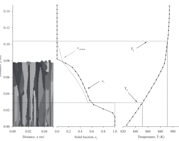 Figure 3. Grain macrostructure, solid fraction, and temperature profile calculated with the stochastic model during solidification (t = 670 seconds)