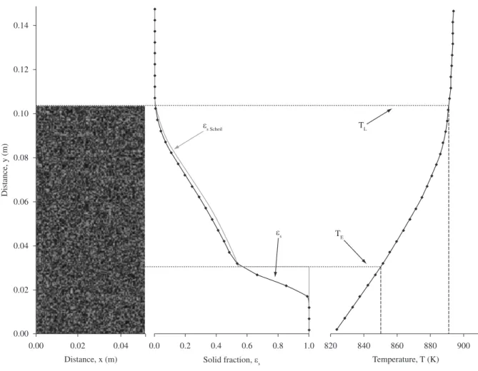 Figure 5. Grain macrostructure, solid fraction, and temperature profile calculated with the stochastic model during solidification (t = 670 seconds) when the  nucleation and growth undercoolings are negligible