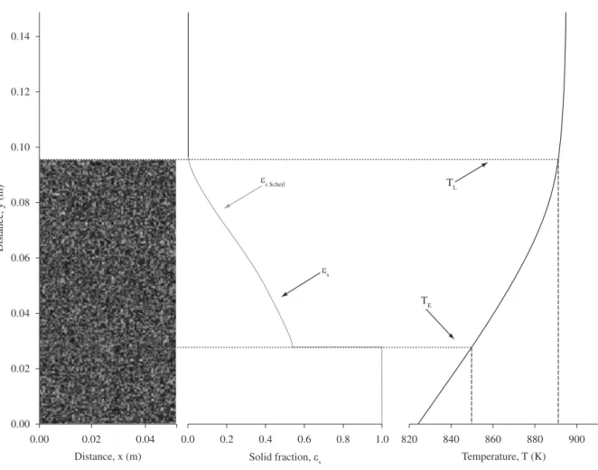 Figure 6. Grain macrostructure, solid fraction, and temperature profile calculated with the stochastic model during solidification (t = 670 seconds) when the  nucleation and growth undercoolings are negligible and using a finite volume mesh as refined as t