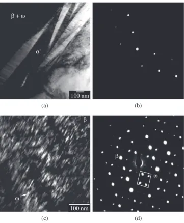 Figure 3. TEM data of Ti-10Mo-3Nb alloy: a) image of the martensitic α’ 