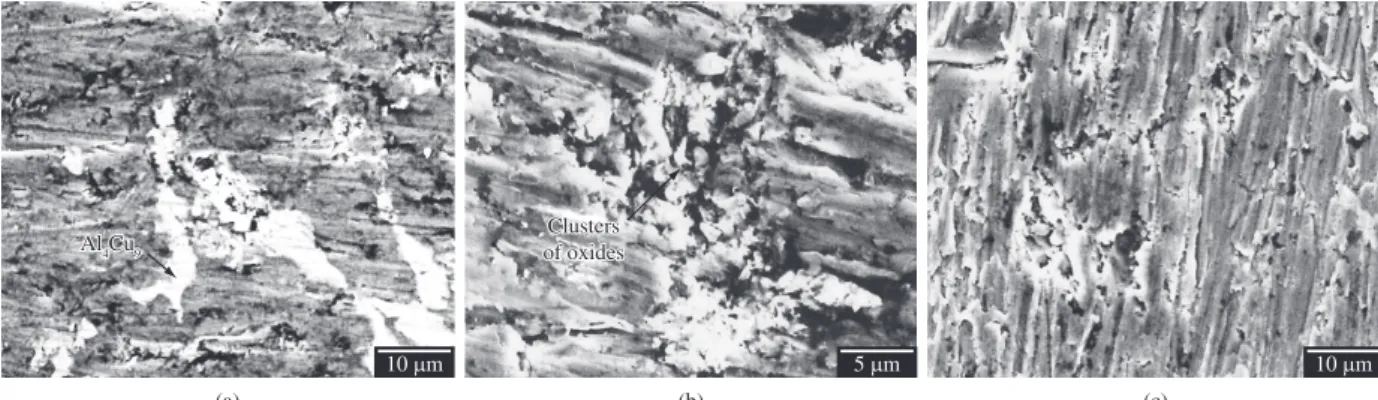Figure 5. Scanning electron micrographs of the Al-32Si-2Cu alloy charged at 25 mA.cm –2  for a) 24 hours; b) 48 hours; and c) 120 hours.